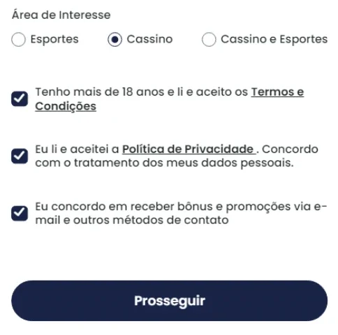 Informe a sua área de interesse, concorde com os termos e clique em “Prosseguir;